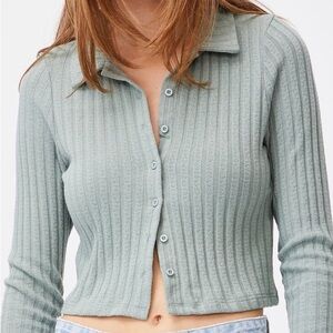 Cotton On Renee Rib Polo Long Sleeve Top Sage Green